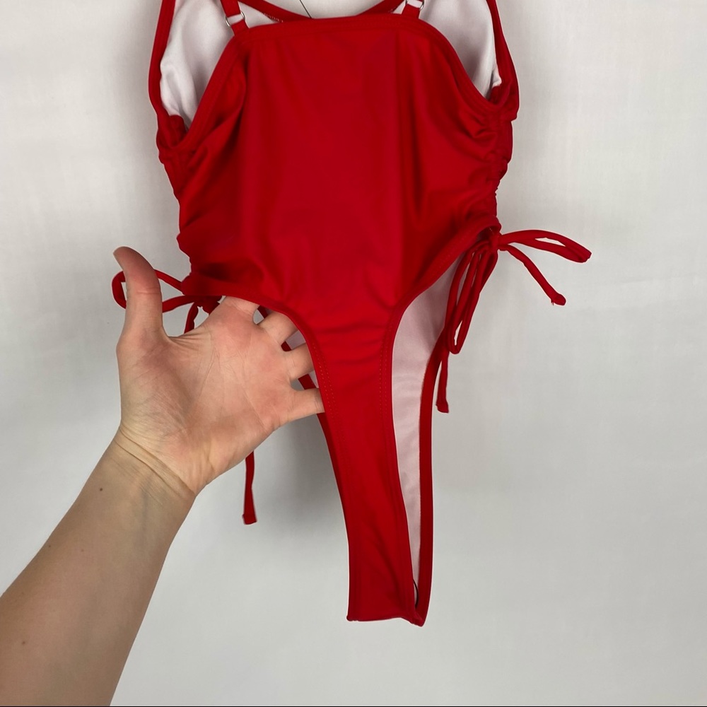 NWOT Red High Leg French Cut Ultra Cheeky Backless Tie Sides One Piece Swimsuit - Picture 5 of 8